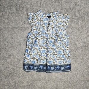 Talbots Petite Sleeveless Top Women Sp Floral Print Blue White Ruffle Trim Shirt